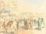 La foire aux bestiaux by Jean Launois, Aquarelle sur traits d'encre, sold Jun 2016