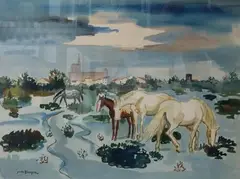 Chevaux aux Saintes-Maries de la Mer by Yves Brayer, Aquarelle sur papier, sold Dec 2017