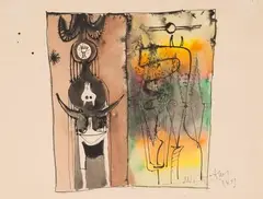 Composition by Wifredo Lam, 1949, Aquarelle, plume et encre de Chine sur papier contrecollé sur papier, sold Nov 2017