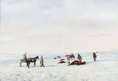 Blackfeet Buffalo Hunters by Hubert Wackermann, 1978, gouache on illustration board, sold Aug 2016