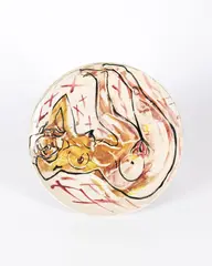 Ohne Titel by A. R. Penck, Weißer Ton mit Emaillebemalung, glasiert. Durchmesser: 39,2 cm (Höhe: 5,2 cm) (15 ⅜ in. (Höhe: 2 in.)), sold Aug 2026