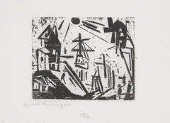 Hafen mit Leuchtturm, Sonne und Mühle by Lyonel Feininger, 1919, Holzschnitt auf dünnem Japan, sold Sep 2026