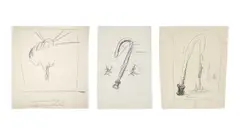 Sonnenuntergang mit Nasenbluten“ / Ohne Titel / Ohne Titel. Undatiert / 1984 / 1985 by Dieter Krieg, 3 Blatt: Bleistift und Kugelschreiber in Blau auf Pergament / Bleistift auf dünnem Bütten / Bleistift auf Papier, beidse, sold Jan 2025