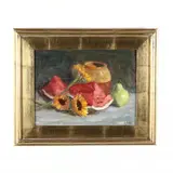 Still Life with Flowers, Fruit, and Pottery by Carol Josefiak, Oil on board, sold Dec 2020