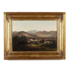 River Valley View with Dwellings by Thomas Addison Richards, Oil on canvas (lined), sold Dec 2020