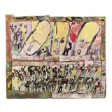 Assemblage with Angels and Riders by Purvis Young, Oil on masonite with mounted found wood moldings to sides, sold Dec 2020