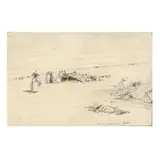 Drawing of an Algerian Camp with Figures by Eugène Fromentin, Charcoal or conte on gridded paper, sold Nov 2020