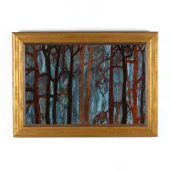 Tree Collage in Umber and Blue by Ralph E. Calhoun, Mixed media collage on canvas, sold Nov 2020