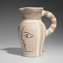 Pichet gravé gris by Pablo Picasso, 1954, white earthenware clay, engobe decoration, knife-engraved under partial brushed glaze, sold Jun 2024