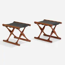 Guldhoj folding stools model 41, pair by Poul Hundevad, c. 1948, teak, leather, sold Apr 2022