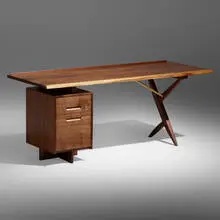 Conoid desk by George Nakashima, 1981, American black walnut, hickory, sold Mar 2022