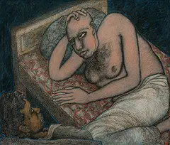 Two Men by Jogen Chowdhury, Ink and pastel on paper pasted on board, sold Jun 2008