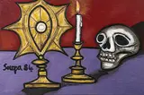 Still Life with Monstrance, Candle and Skull by F. N. Souza, Acrylic and oil on board, offered Jun 2008