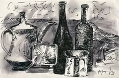 Still Life with a Clock by K. M. Adimoolam, Ink and wash on paper pasted on board, sold Jun 2008