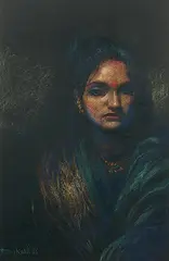 Untitled by Bikash Bhattacharjee, Oil Pastel on black paper, sold Jun 2008