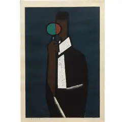Figure with Magnifying Glass by Nakao Yoshitaka, 1957, woodcut, sold Jun 2026