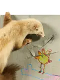 Le Corbeau et le Renard by Dran, 2011, Peinture aérosol, acrylique, feutres, animal taxidermé et lacérations sur toile, sold Jun 2023