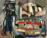 Femme et barques by Antoni Clavé, circa 1946, Huile sur toile, sold Jun 2023