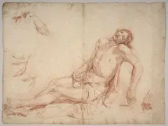 Recto : La déposition du Christ avec reprises des mains ; Verso : Etudes d'anges musiciens by dit Mignard d'Avignon Nicolas Mignard, Sanguine, sold Mar 2023