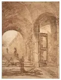 Personnages dans un vestibule inspiré du palais Corsini, Rome by Hubert Robert, Sanguine, craie blanche et crayon noir, sold Mar 2023