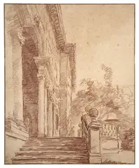 Vue de la façade orientale de la villa Médicis à Rome by Hubert Robert, Sanguine, sold Mar 2023
