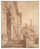 Vue de la façade orientale de la villa Médicis à Rome by Hubert Robert, Sanguine, sold Mar 2023