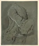 Buste d'homme à la veste en velours, étude pour le portrait du peintre Jean-Baptiste Massé by Louis Tocqué, Crayon noir, estompe et rehauts de blanc sur papier bleu, sold Mar 2023