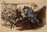 La course des chevaux libres à Rome by Horace Vernet, Plume et encre brune, lavis brun et rehauts de gouache blanche, sold Mar 2023