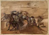 Chevaux en liberté dans un paysage by Horace Vernet, Plume et encre brune, lavis brun et rehauts de gouache blanche sur trait de crayon, sold Mar 2023