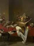 Gibier, corbeille de fruits et vase de fleurs sur une table, près de laquelle se tiennent deux chiens by Frans Snyders, Huile sur toile, sold Mar 2023