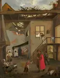 Visiter les malades (d'une suite des Sept Œuvres de miséricorde) by Sébastien Vrancx, Huile sur panneau de chêne, deux planches, renforcées, sold Mar 2023