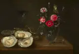 Huîtres, verre et vase de fleurs sur un entablement by Frans Ykens, Huile sur panneau, sold Mar 2023