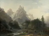 Vue du Wellhorn et du Wetterhorn prise de Rosenlaui vers Meiringen dans l’Oberland bernois by Claude-Louis Châtelet, Huile sur toile, sold Mar 2023