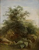 Etude d'arbuste, de plantes et de roches près du lac de Nemi by Pierre-Henri de Valenciennes, Huile sur papier marouflé sur carton, sold Mar 2023