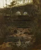 Cours d'eau et ancien pont dans un sous-bois à Pierrefonds by Théodore Rousseau, Huile sur papier marouflé sur toile, sold Mar 2023