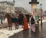 Fiacre près du Moulin rouge à Paris en hiver by Francisco Miralles Galup, Huile sur toile (Toile d'origine), sold Mar 2023