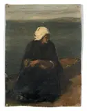 Jeune Bretonne assise en bord de mer by Jules Breton, Huile sur toile (Toile d'origine), sold Mar 2023