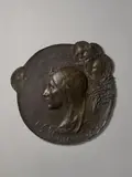 La Vision ou Jeanne d'Arc by Jean Rivière, Grand médaillon en bronze à patine brune et dorée, sold Mar 2023