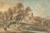 Passage du troupeau devant la basilique Sainte-Croix-de-Jérusalem, Rome by Jean-Baptiste Lallemand, Gouache, plume et encre brune, sur trait de crayon, sold Sep 2023