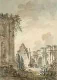 Caprice architectural animé de figures vêtues à l'antique by Charles-Louis Clérisseau, Aquarelle gouachée sur trait de crayon, sold Sep 2023