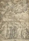 Scène antique avec Minerve by Valentin Lefebvre, Plume et encre brune, lavis gris, sold Sep 2023