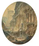 Caprice architectural à la fontaine égyptienne by Jean-Henri-Alexandre Pernet, Aquarelle gouachée, plume et encre noire, de forme ovale, sold Sep 2023