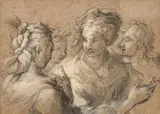 Etude de femmes en conversation by Michel-Barthélémy Ollivier, Plume et encre noire, lavis gris et rehauts de gouache blanche sur trait de crayon, sold Sep 2023