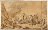 Diane et Apollon tuant les enfants de Niobé by Jean Suau, Plume et encre brune, lavis brun et rehaut de gouache blanche sur trait de crayon sur papier préparé beige, sold Sep 2023