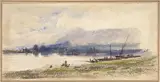 Barques sur un rivage de lac de montagne by Eugène Ciceri, Aquarelle, sold Sep 2023