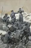 Le déjeuner des alpinistes au sommet by Amédée Forestier, Gouache en camailleu gris, sold Sep 2023