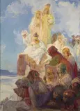 L'arrivée du cortège by Jules van Biesbroeck, Huile sur panneau, sold Sep 2023