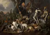 Gentilhomme chasseur avec sa meute de chiens et ses trophées de chasse by Carstian Luyckx, Huile sur toile, sold Nov 2023
