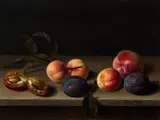 Nature morte aux fruits, pêches, abricots et prunes dont une ouverte, posés sur une table de bois by Louise Moillon, Peaches, apricots and plums on an entablature, oil on panel, signed, by L. Moillon, sold Nov 2023