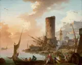 Port méditerranéen animé de pêcheurs et marchands levantins au matin by dit Lacroix de Marseille Charles-François Lacroix, Huile sur toile (Toile d'origine), sold Nov 2023